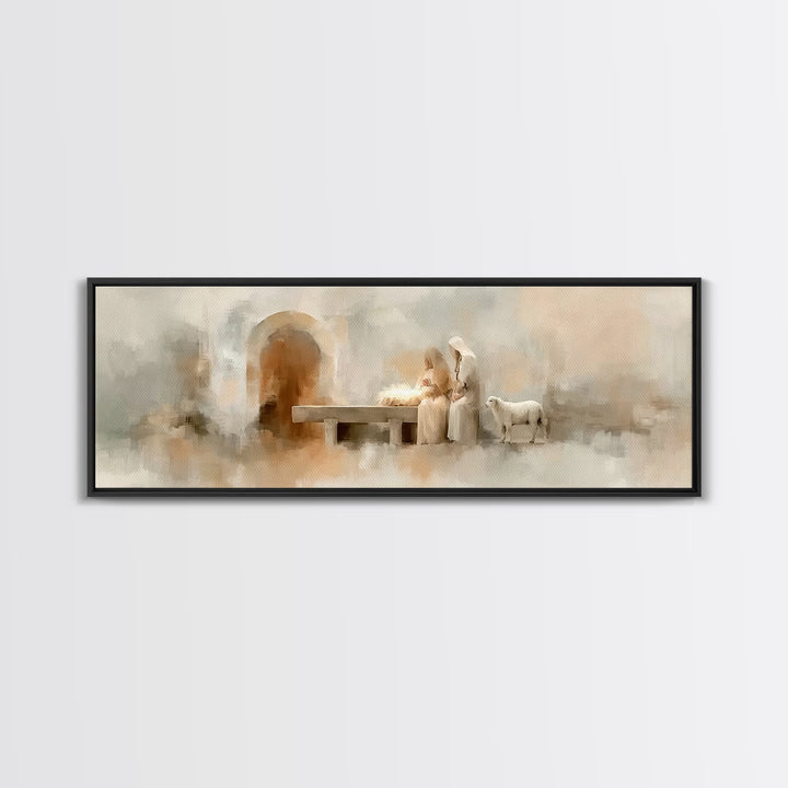 Sacred Manger Light – Framed Canvas Print – Christmas Art – Panoramic Frame – Christian Christmas Decor – Christian Painting – Christian Ar