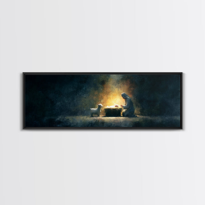 Silent Nativity Glow – Framed Canvas Print – Panoramic Art – Christian Wall Art – Christmas Art – Christian Art Print – Jesus Christmas Art
