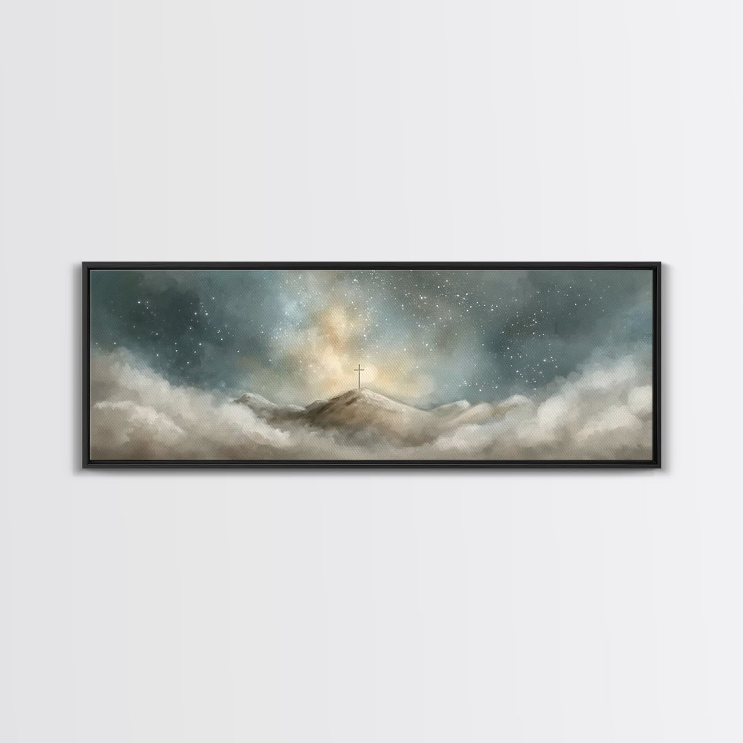 Starlit Redemption | Framed Canvas Print | Christian Wall Art | Jesus Painting | Christian Art Print | Christmas Art | Panoramic Wall Art