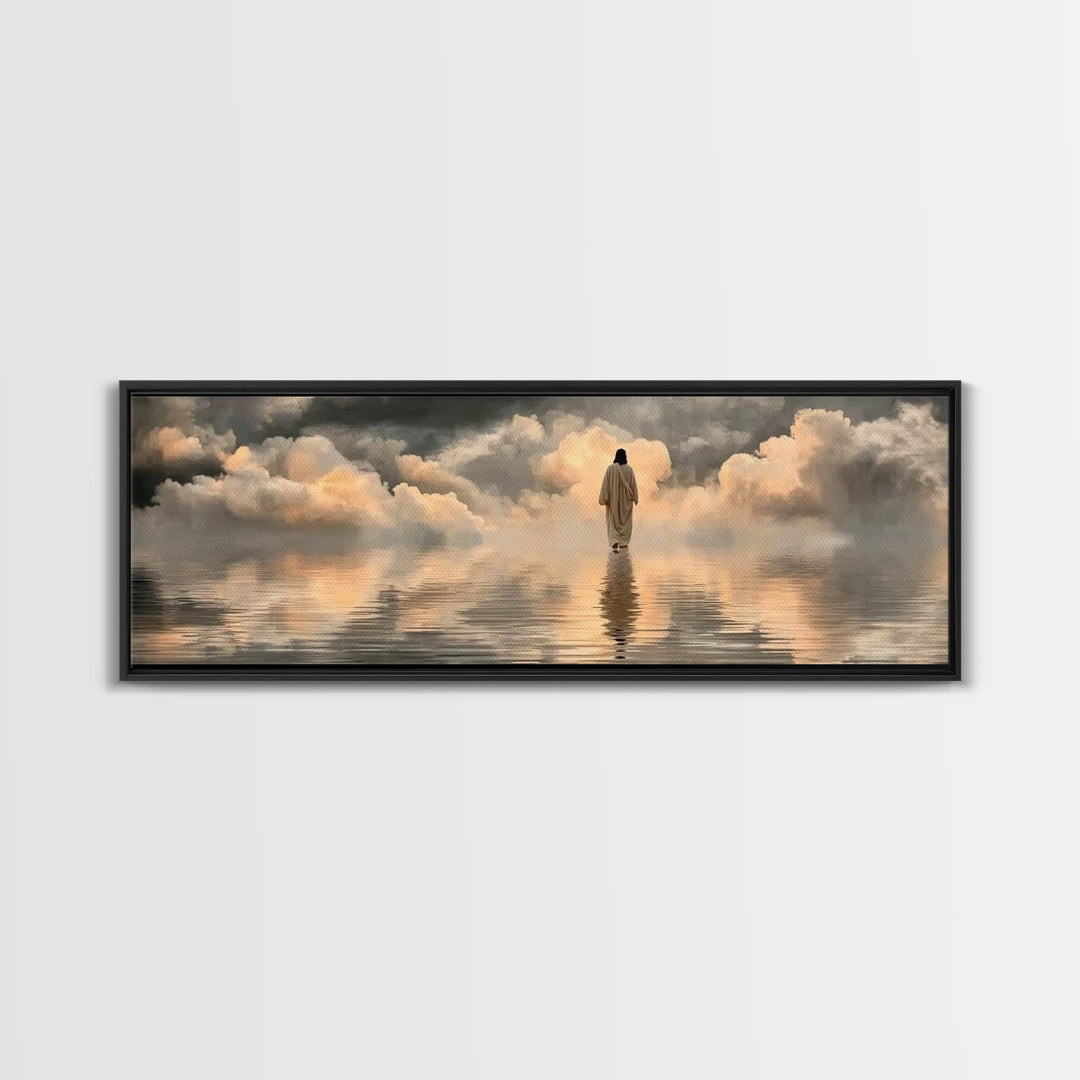 Silent Shore Walk | Framed Canvas Print | Christian Art Print | Panoramic Frame | Jesus Canvas Art | Christian Wall Art