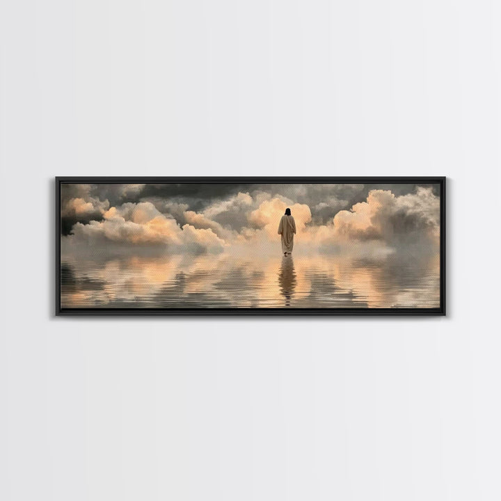 Silent Shore Walk | Framed Canvas Print | Christian Art Print | Panoramic Frame | Jesus Canvas Art | Christian Wall Art
