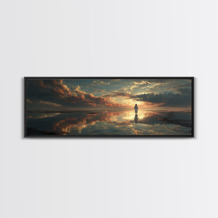 Radiant Horizon Walk, Framed Canvas Print, Jesus Wall Art, Panoramic Art, Christian Art Canvas, Moody Christian Art