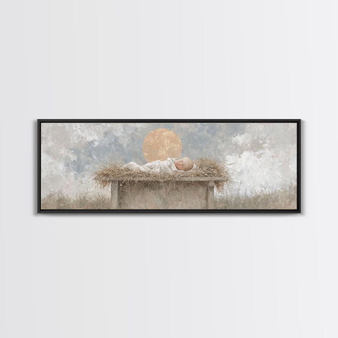 Radiant Manger Peace | Framed Canvas Print | Christian Christmas Art | Christian Wall Art | Christmas Canvas Wall Art | Panoramic Art | Chr