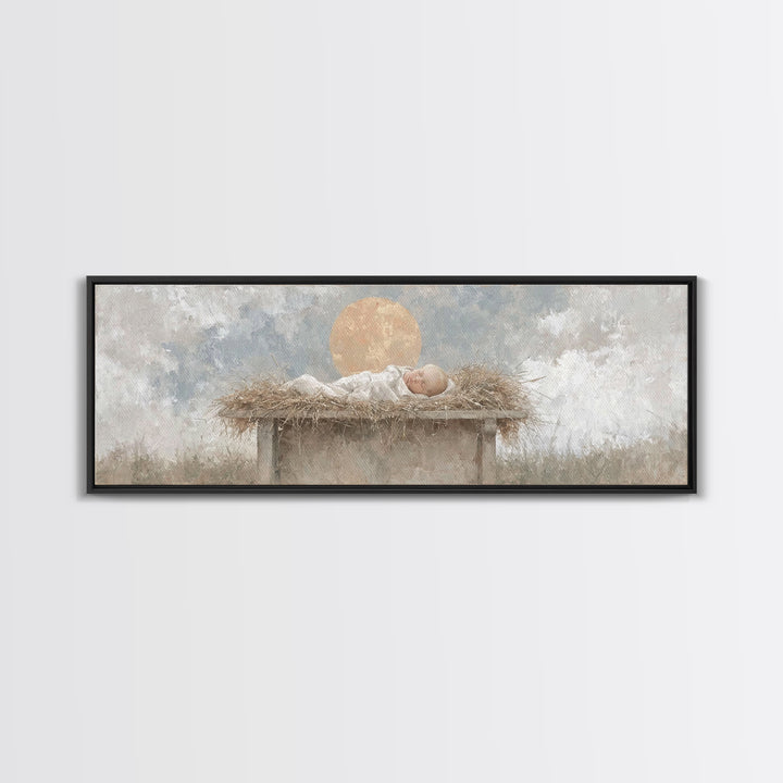 Radiant Manger Peace | Framed Canvas Print | Christian Christmas Art | Christian Wall Art | Christmas Canvas Wall Art | Panoramic Art | Chr