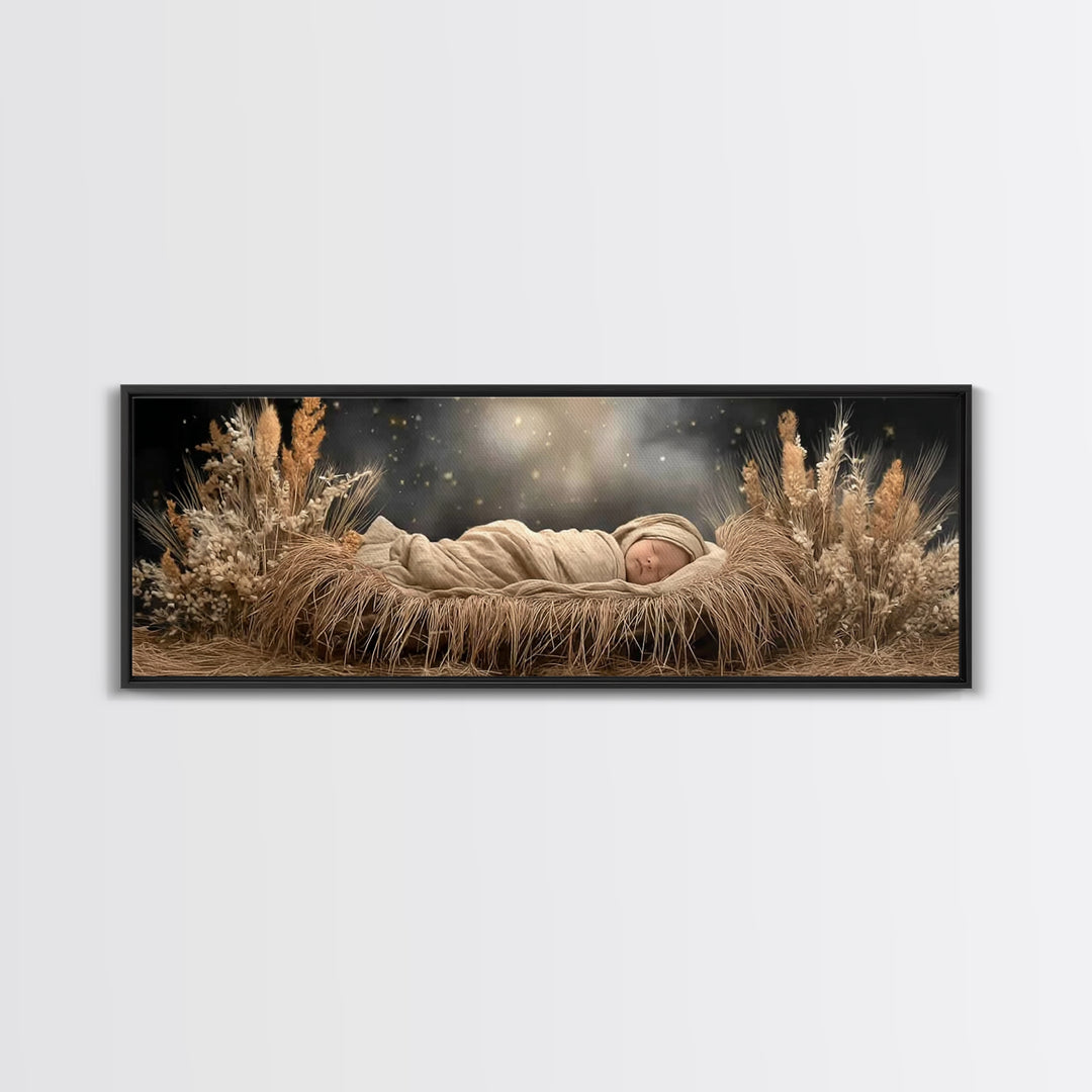 Starry Night Cradle, Framed Canvas Print, Christian Wall Art, Jesus Christmas Art, Christian Art Canvas, Panoramic Painting, Christian Chri