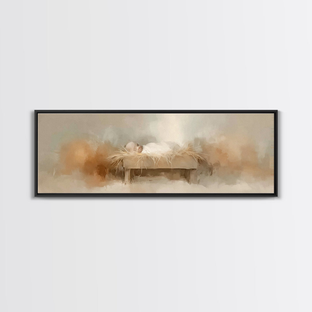 Soft Manger Light – Framed Canvas Print – Christian Wall Art – Panoramic Frame – Christian Christmas Art – Christian Art Canvas – Christmas