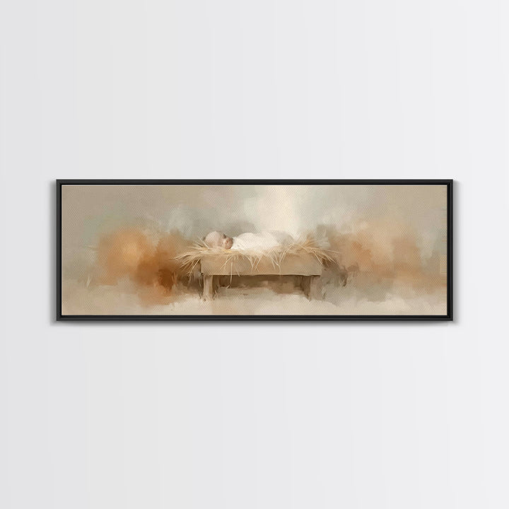 Soft Manger Light – Framed Canvas Print – Christian Wall Art – Panoramic Frame – Christian Christmas Art – Christian Art Canvas – Christmas