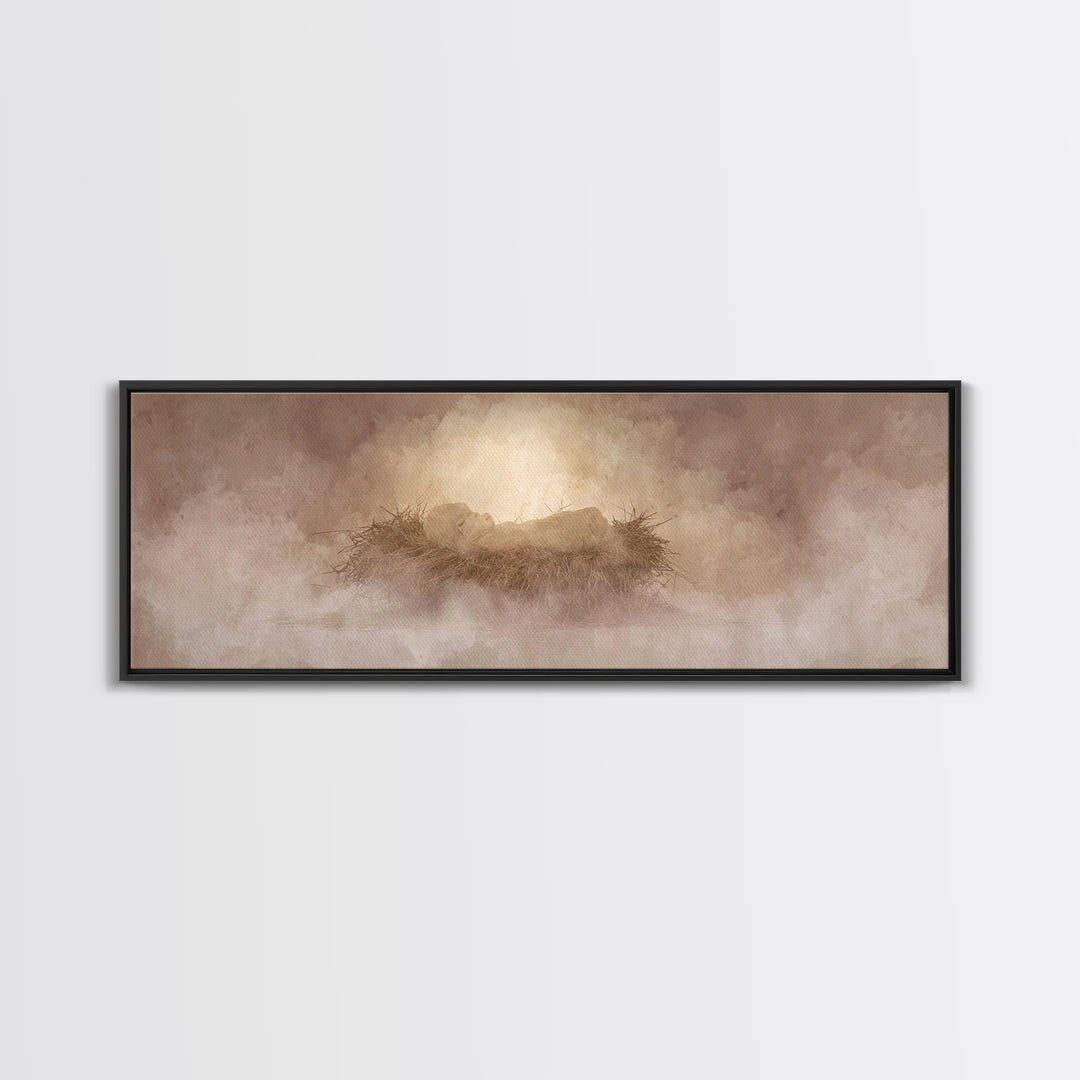 Celestial Manger Mist | Framed Canvas Print | Christian Art | Panoramic Wall Art | Christian Christmas Art | Jesus Art Print | Christmas Ca