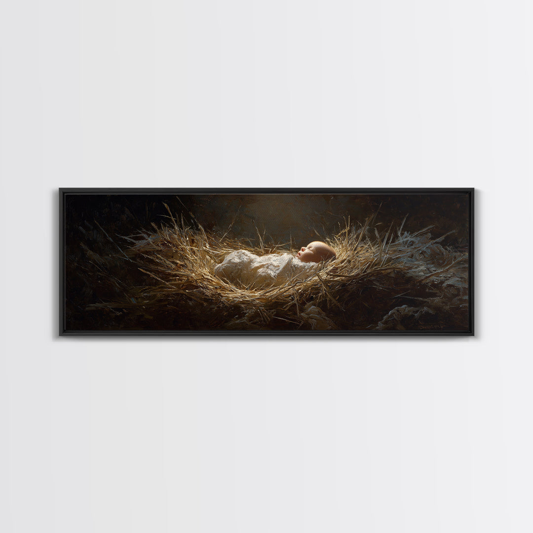 Divine Manger Glow – Framed Canvas Print – Christian Art Canvas – Panoramic Wall Art – Jesus Painting – Christian Christmas Art – Christian