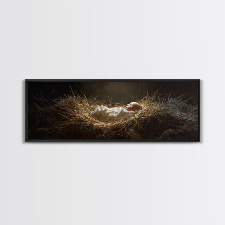 Divine Manger Glow – Framed Canvas Print – Christian Art Canvas – Panoramic Wall Art – Jesus Painting – Christian Christmas Art – Christian