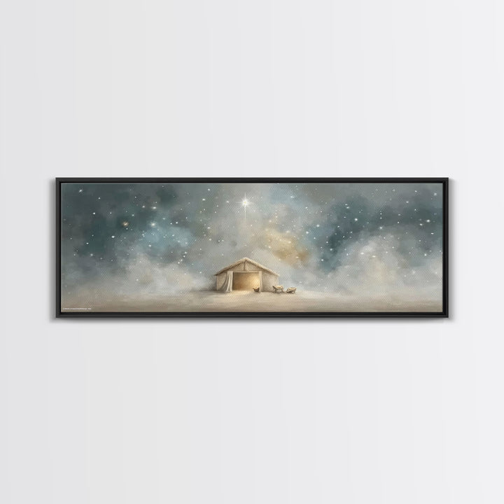 Silent Night Stable, Framed Canvas Print, Panoramic Painting, Christian Wall Art, Christmas Art, Christian Art Canvas, Christian Christmas
