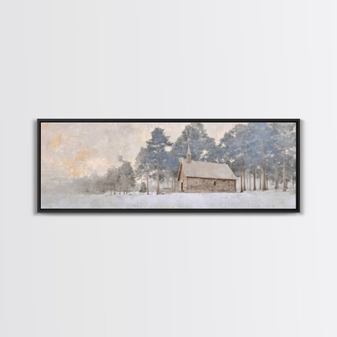 Winter Chapel Peace | Framed Canvas Print | Panoramic Art | Christian Wall Art | Christian Art Canvas | Christmas Art | Christian Christmas