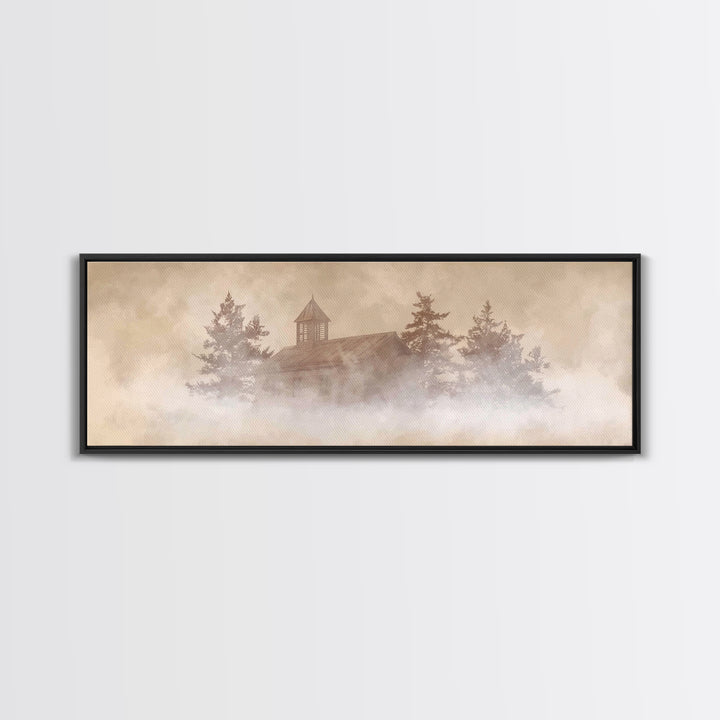 Foggy Chapel Stillness, Framed Canvas Print, Panoramic Frame, Christian Art Canvas, Christmas Art, Christian Wall Art, Christian Christmas