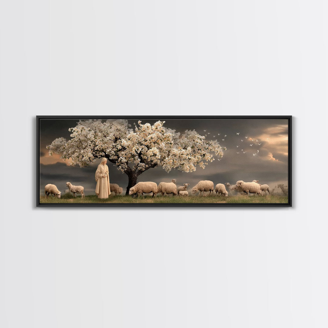 Gentle Orchard Calm, Framed Canvas Print, Christian Wall Art, Panoramic Painting, Jesus Art Print, Christian Christmas Art, Christian Canva