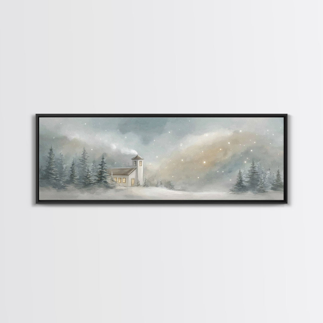 Snowy Chapel Light – Framed Canvas Print – Panoramic Painting – Christian Wall Art – Christmas Art – Christian Art Canvas – Christian Chris