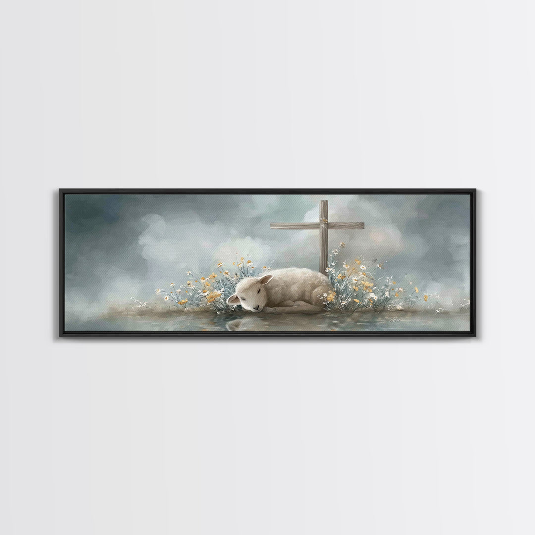 Gentle Lamb Peace, Framed Canvas Print, Christian Art Canvas, Panoramic Wall Art, Christian Painting, Christmas Art, Christian Gift Ideas