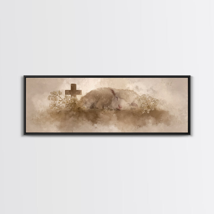 Lamb Of Comfort | Framed Canvas Print | Christian Art Canvas | Extra Wide Art | Christian Paintings | Christmas Canvas Wall Art | Christian
