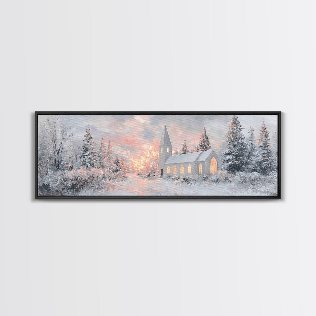 Radiant Winter Church, Framed Canvas Print, Christmas Wall Art, Christian Art Canvas, Moody Christmas Art, Panoramic Wall Art, Christian De