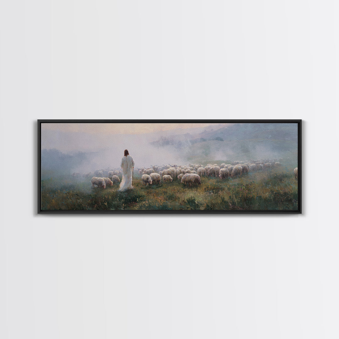 Morning Shepherd Peace, Framed Canvas Print, Jesus Painting, Christian Art Canvas, Pastoral Christian Art, Panoramic Art, Christian Gift Id