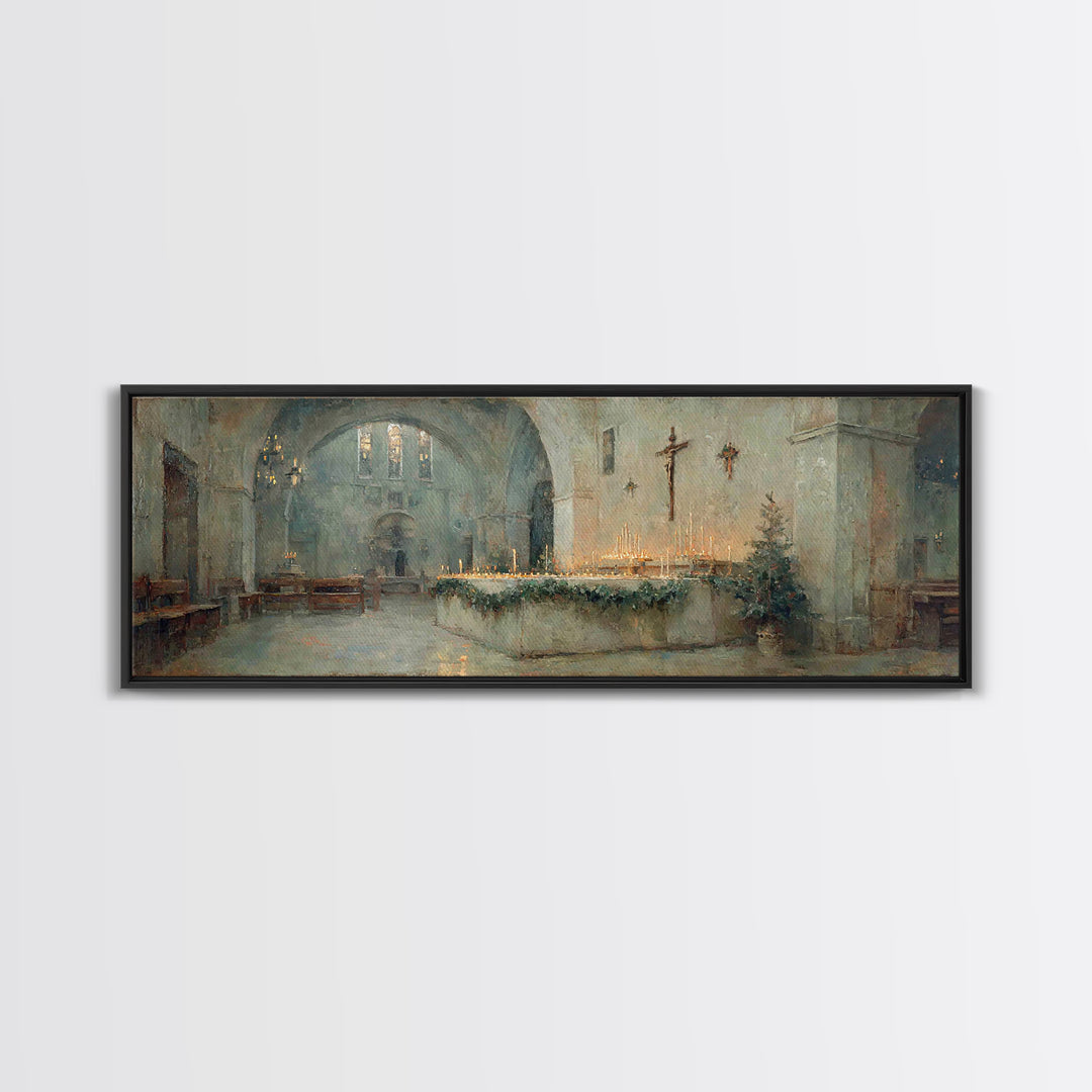 Glowing Chapel Stillness, Framed Canvas Print, Christmas Art Prints, Christian Wall Art, Panoramic Art, Christian Art Canvas, Christian Chr