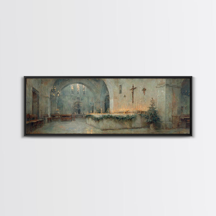 Glowing Chapel Stillness, Framed Canvas Print, Christmas Art Prints, Christian Wall Art, Panoramic Art, Christian Art Canvas, Christian Chr