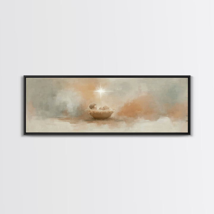 Little Holy Cradle, Framed Canvas Print, Panoramic Painting, Christian Art Canvas, Christian Wall Art, Christmas Art, Christian Christmas A