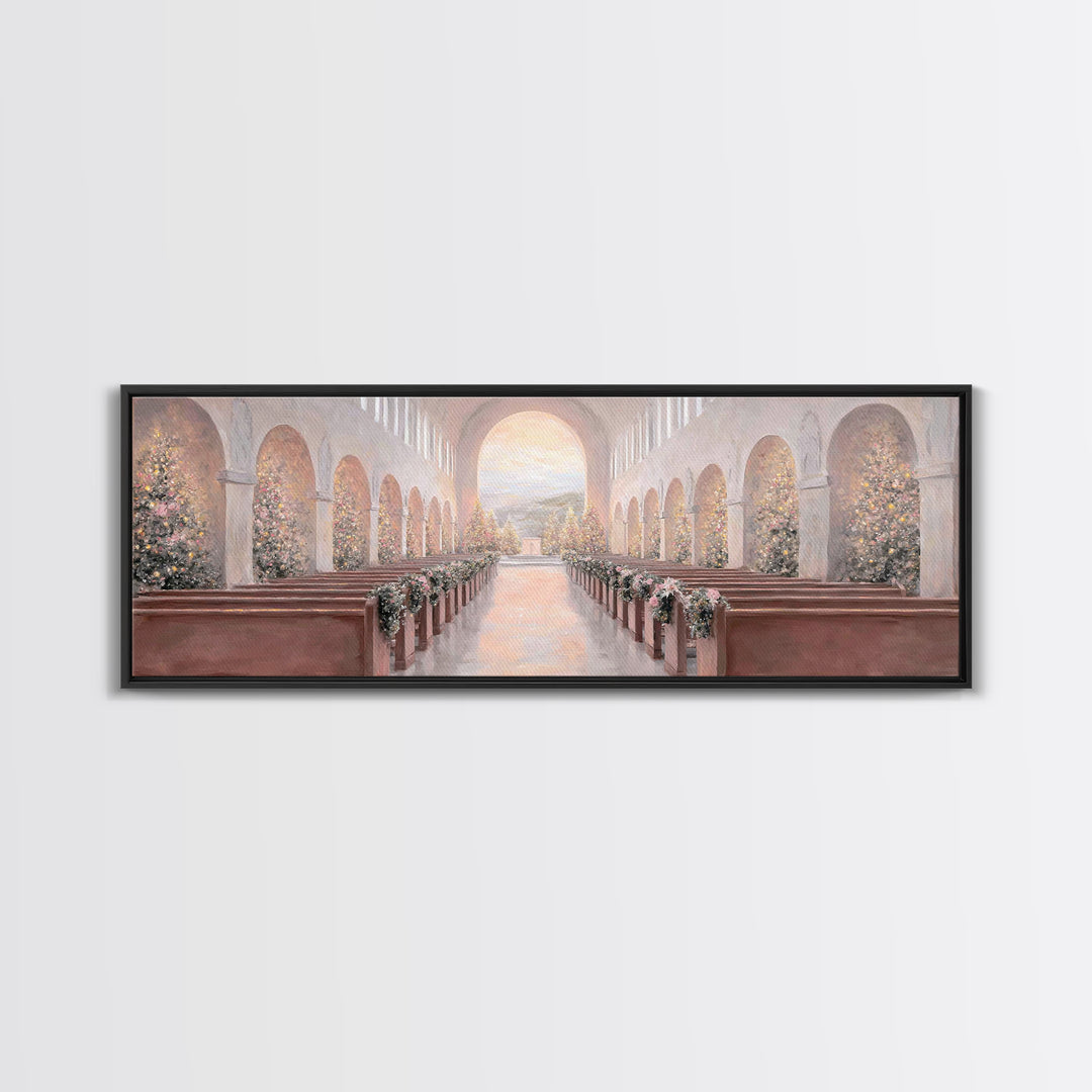 Winter Chapel Radiance, Framed Canvas Print, Christian Wall Art, Christian Art Canvas, Panoramic Art, Christmas Art, Christian Christmas De