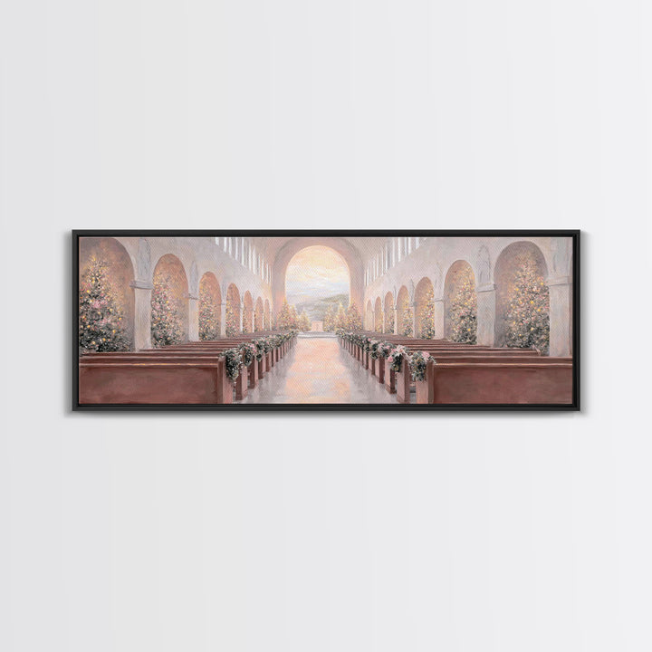 Winter Chapel Radiance, Framed Canvas Print, Christian Wall Art, Christian Art Canvas, Panoramic Art, Christmas Art, Christian Christmas De