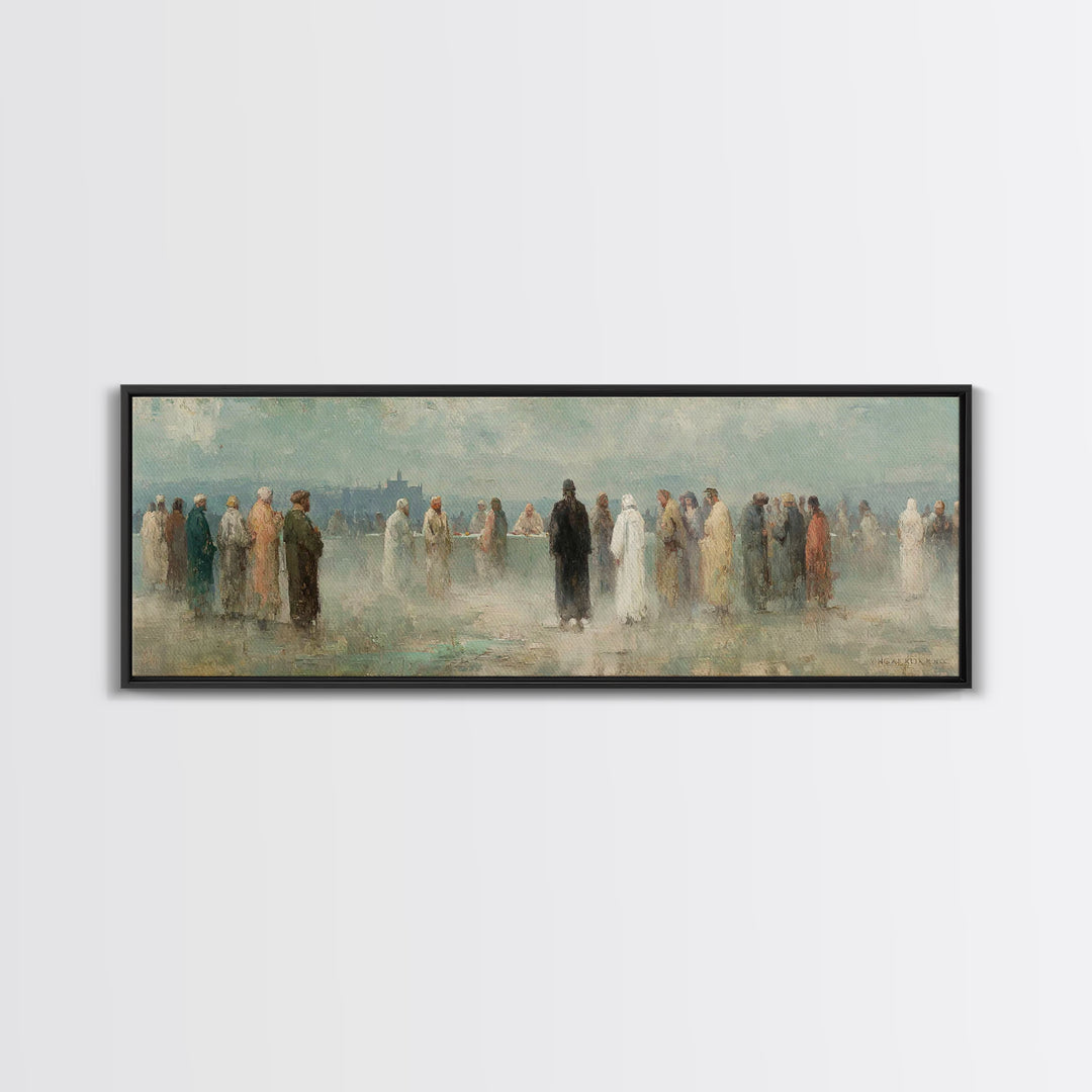 Gathered In Faith – Framed Canvas Print – Christian Art Print – Panoramic Painting – Christian Wall Art – Christmas Art Prints – Jesus Pain