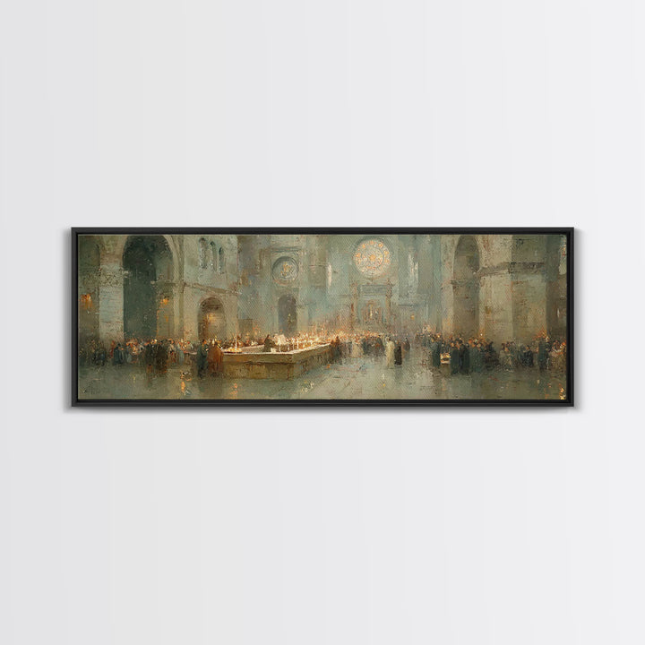 Gathered In Worship – Framed Canvas Print – Christian Wall Art – Panoramic Frame – Christmas Art – Christian Art Canvas – Christian Christm