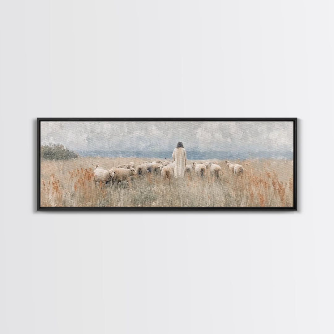 Pastoral Grace – Framed Canvas Print – Christian Wall Art – Jesus Painting – Panoramic Art – Christian Art Canvas – Christmas Art