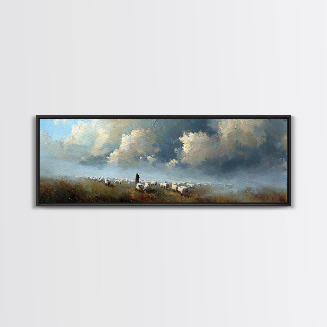 Morning Shepherd Light, Framed Canvas Print, Christian Wall Art, Panoramic Art, Jesus Painting, Modern Christian Art, Christmas Wall Art