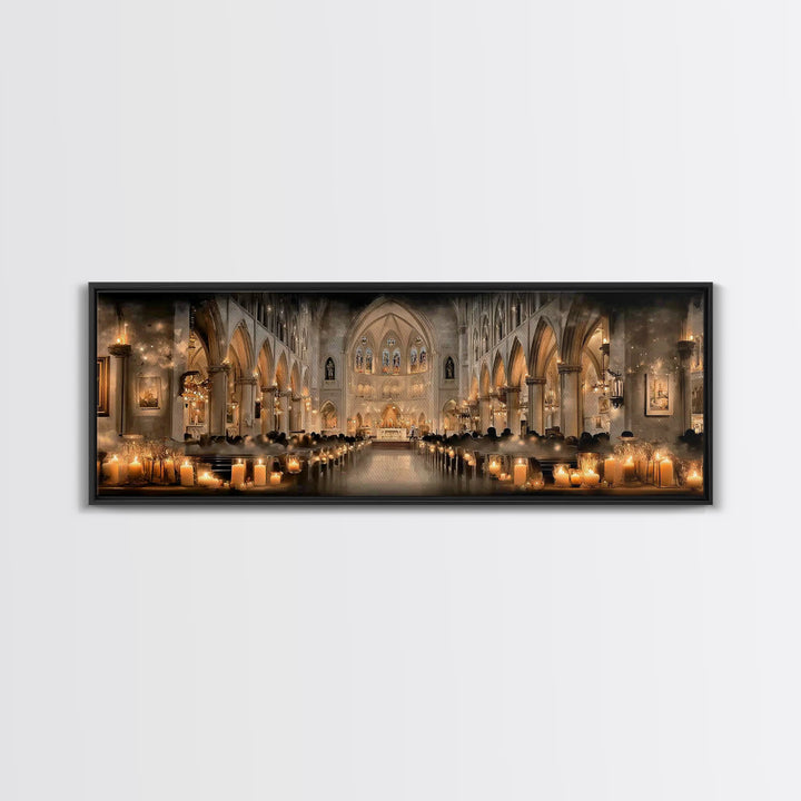 Cathedral Candle Vigil – Framed Canvas Print – Christian Wall Art – Panoramic Painting – Christian Christmas Art – Christian Art Canvas – C