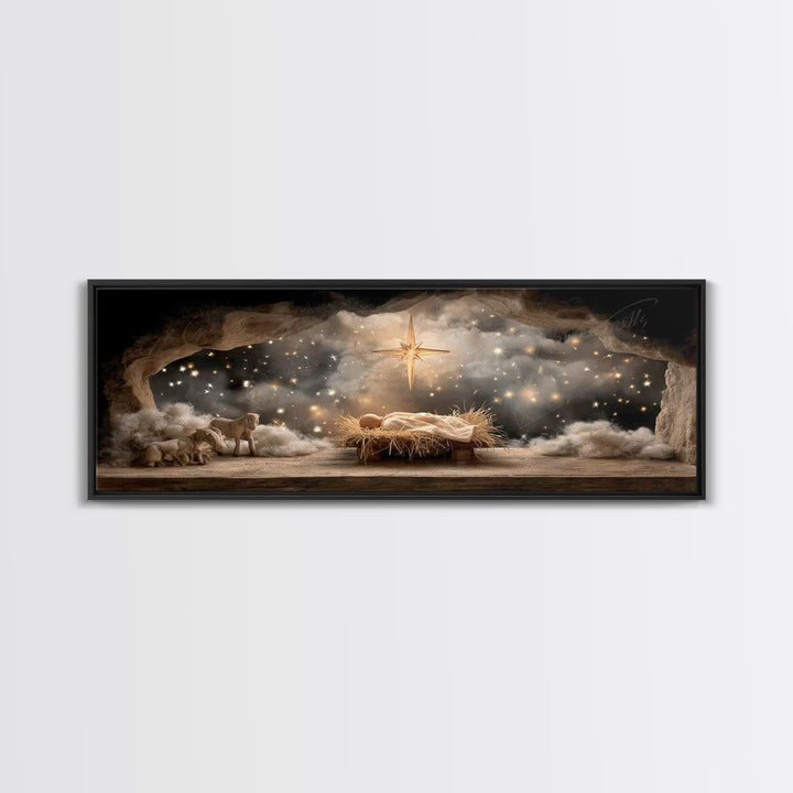 Star Of Bethlehem | Framed Canvas Print | Christmas Art | Panoramic Wall Art | Jesus Christmas Art | Christian Wall Art | Christian Art Can