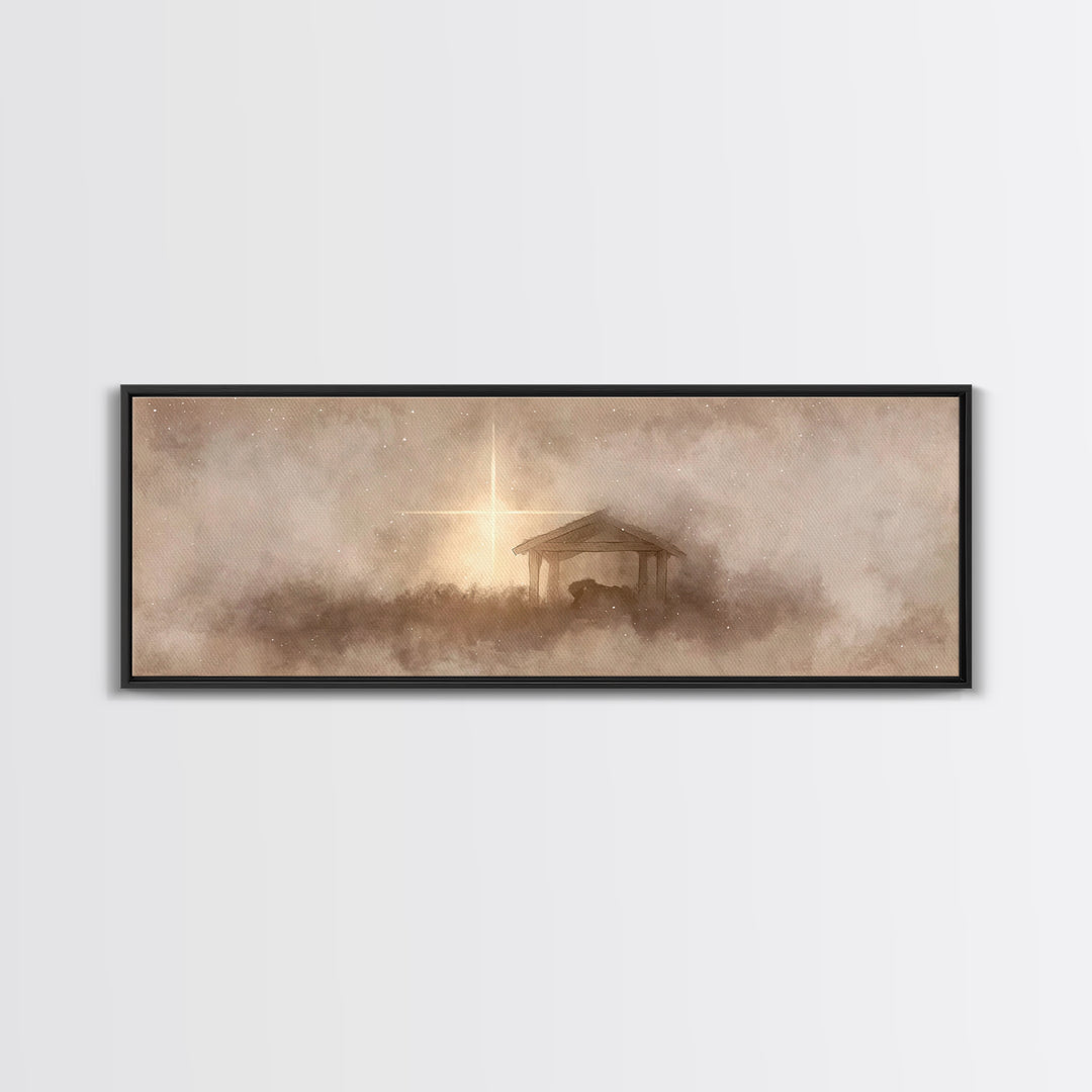 Silent Manger Light, Framed Canvas Print, Christian Christmas Art, Panoramic Art, Christian Wall Art, Christmas Canvas Wall Art, Christian