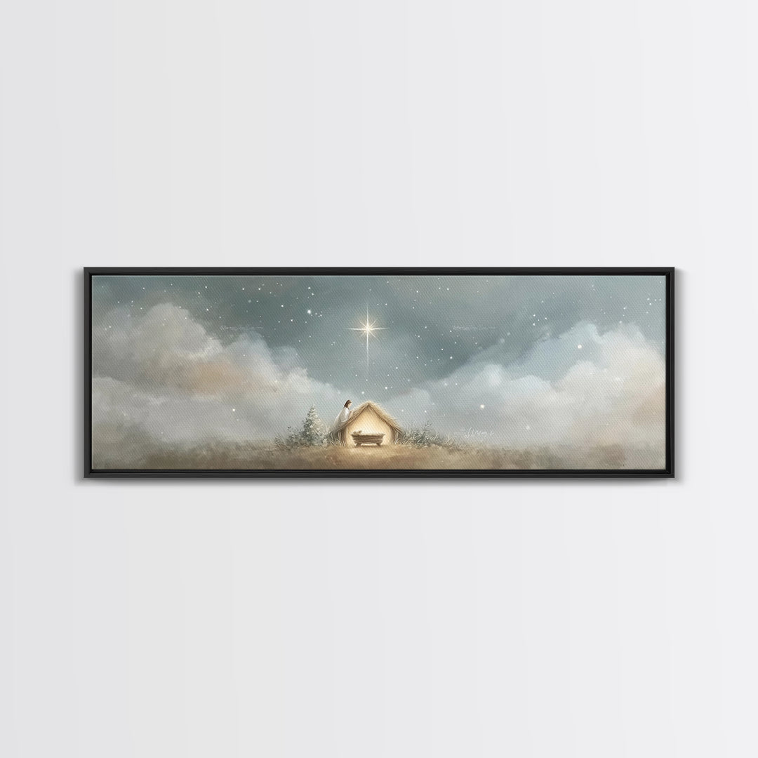 Manger Serenity, Framed Canvas Print, Christmas Art, Panoramic Wall Art, Christian Art Canvas, Christian Christmas Decor, Christian Paintin