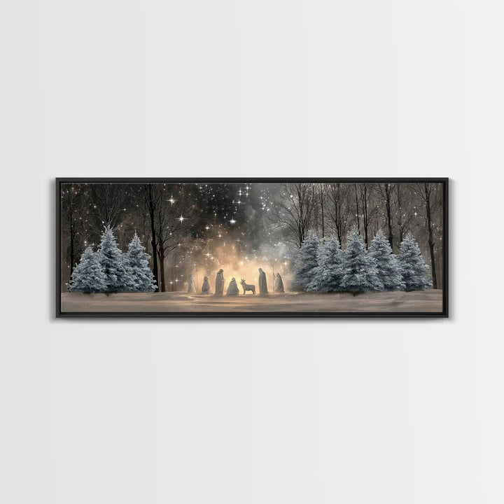 Midnight Nativity Glow – Framed Canvas Print – Christian Wall Art – Christian Art Canvas – Jesus Christmas Art – Panoramic Wall Art – Chris
