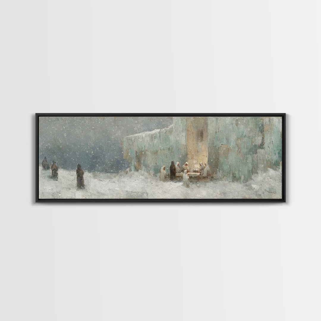 Winter Gathering Light, Framed Canvas Print, Christian Wall Art, Christian Art Canvas, Christmas Art Prints, Panoramic Painting, Christian