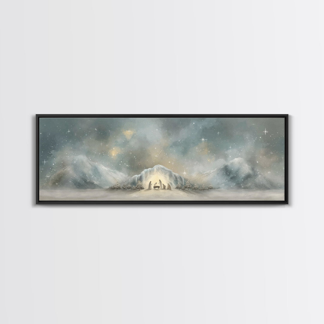 Starry Mountain Birth – Framed Canvas Print – Christian Christmas Art – Christian Art Canvas – Jesus Painting – Panoramic Frame – Christian