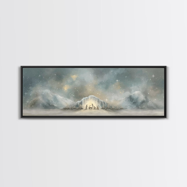 Starry Mountain Birth – Framed Canvas Print – Christian Christmas Art – Christian Art Canvas – Jesus Painting – Panoramic Frame – Christian