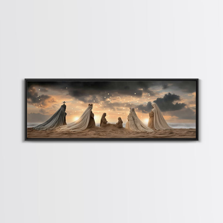 Sandy Nativity Horizon – Framed Canvas Print – Christian Christmas Art – Christian Art Canvas – Jesus Wall Art – Panoramic Art – Christian