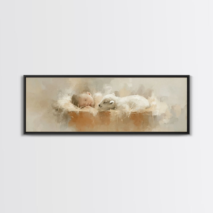 Innocent Manger Dream | Framed Canvas Print | Christian Art Canvas | Panoramic Art | Christmas Art Prints | Christian Wall Art | Christian