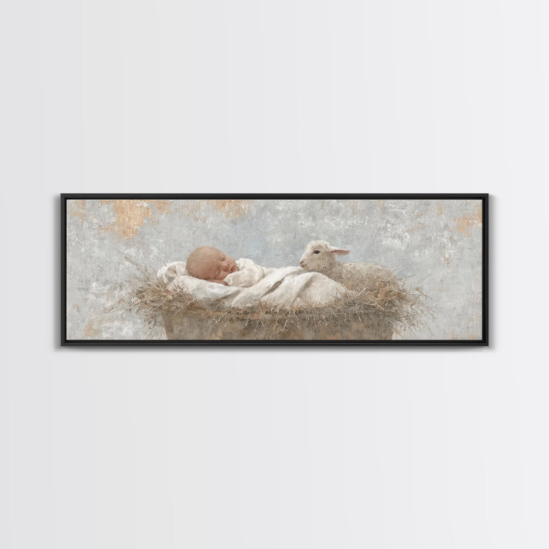 Tiny Manger Grace – Framed Canvas Print – Christmas Wall Art – Christian Art Canvas – Panoramic Painting – Jesus Christmas Art – Christian
