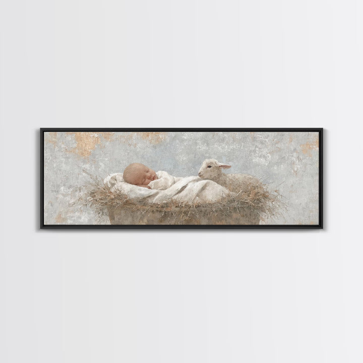 Tiny Manger Grace – Framed Canvas Print – Christmas Wall Art – Christian Art Canvas – Panoramic Painting – Jesus Christmas Art – Christian