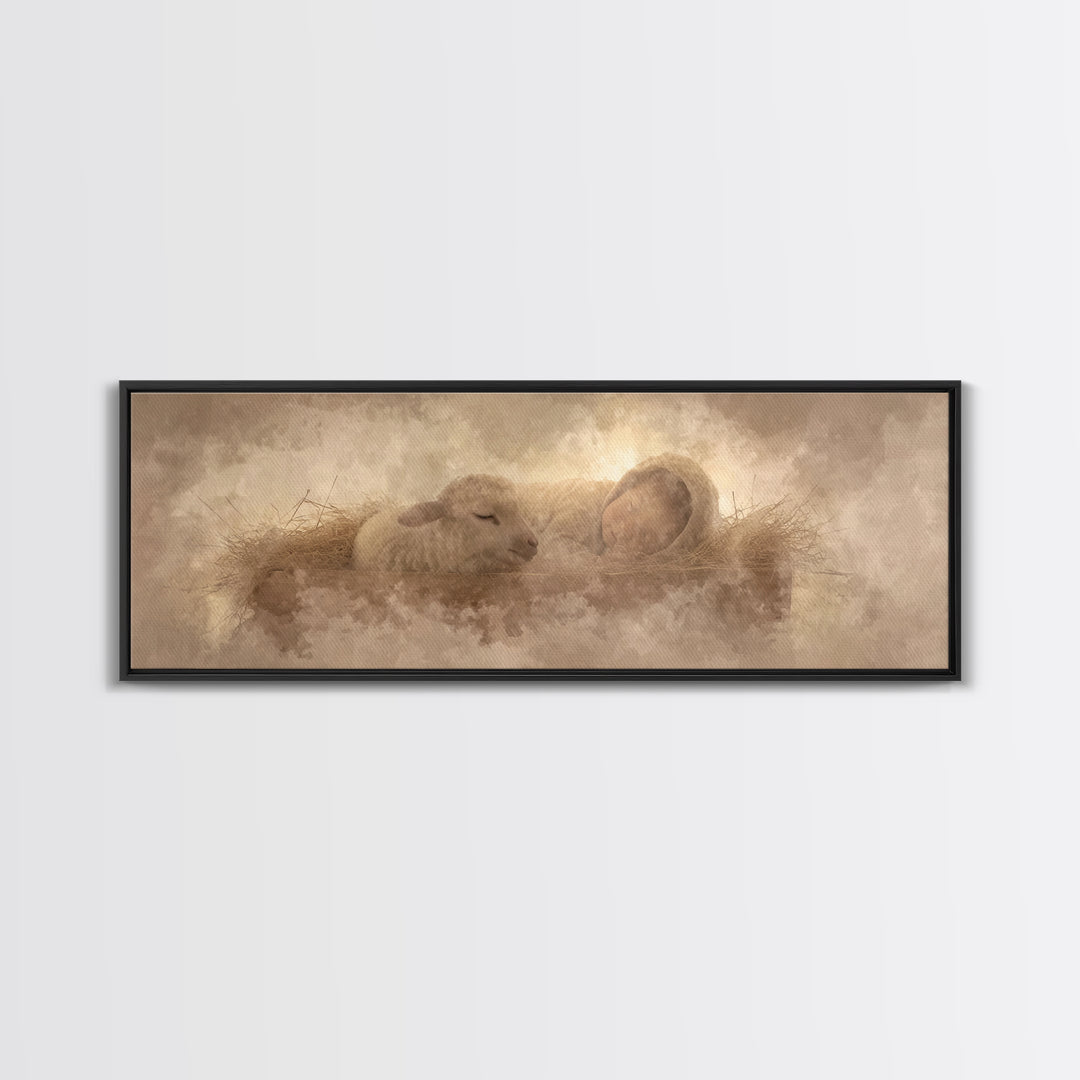 Sacred Cradle Light, Framed Canvas Print, Christian Christmas Art, Panoramic Wall Art, Christian Art Canvas, Jesus Art Print, Christian Wal