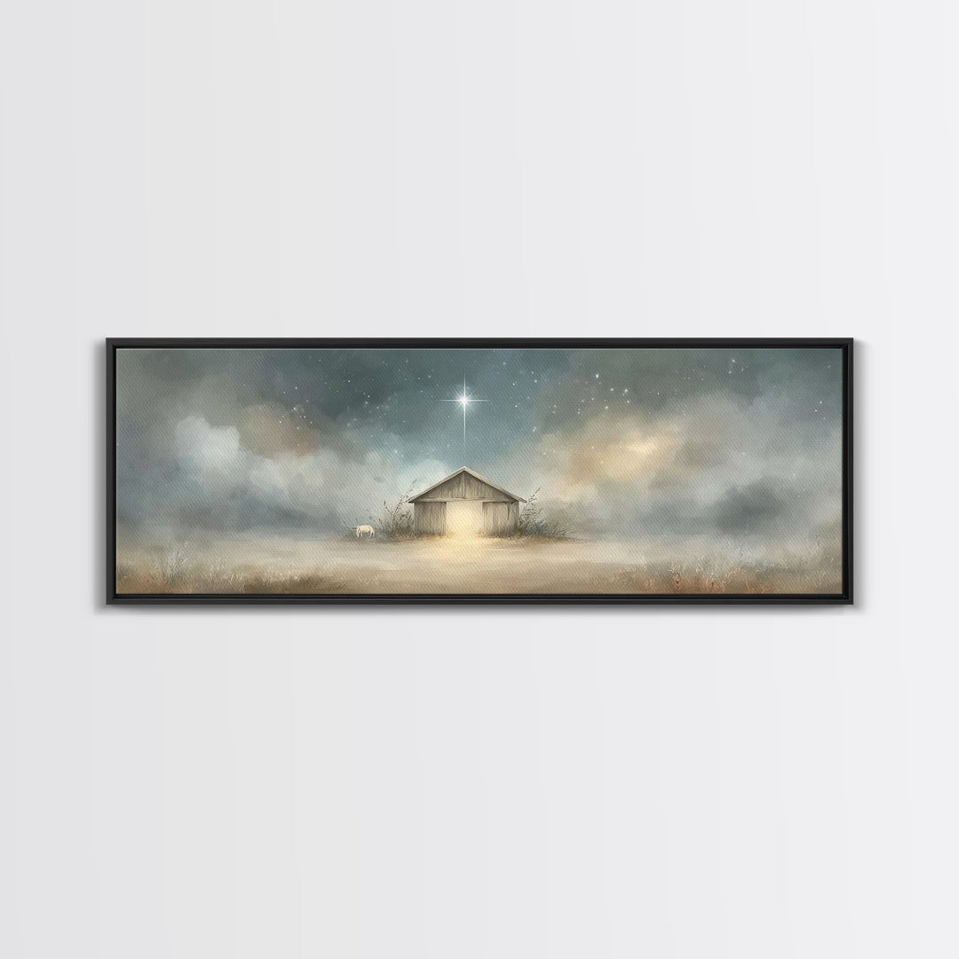 Starry Night Manger | Framed Canvas Print | Christian Wall Art | Panoramic Painting | Christmas Wall Art | Jesus Painting