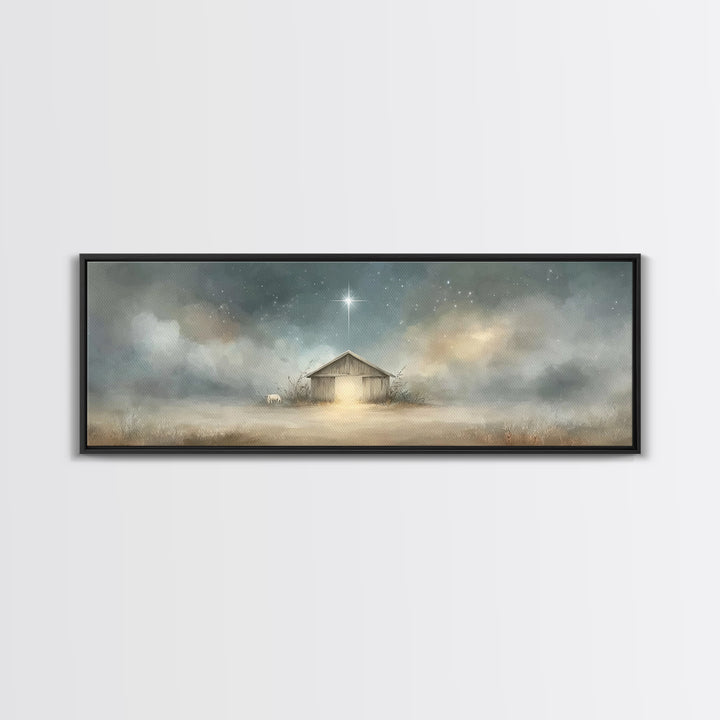 Starry Night Manger | Framed Canvas Print | Christian Wall Art | Panoramic Painting | Christmas Wall Art | Jesus Painting