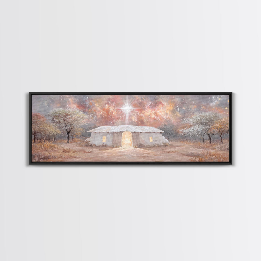 Bethlehem Dawn Glow, Framed Canvas Print, Christian Art, Panoramic Print, Christmas Art, Christian Wall Art, Jesus Painting