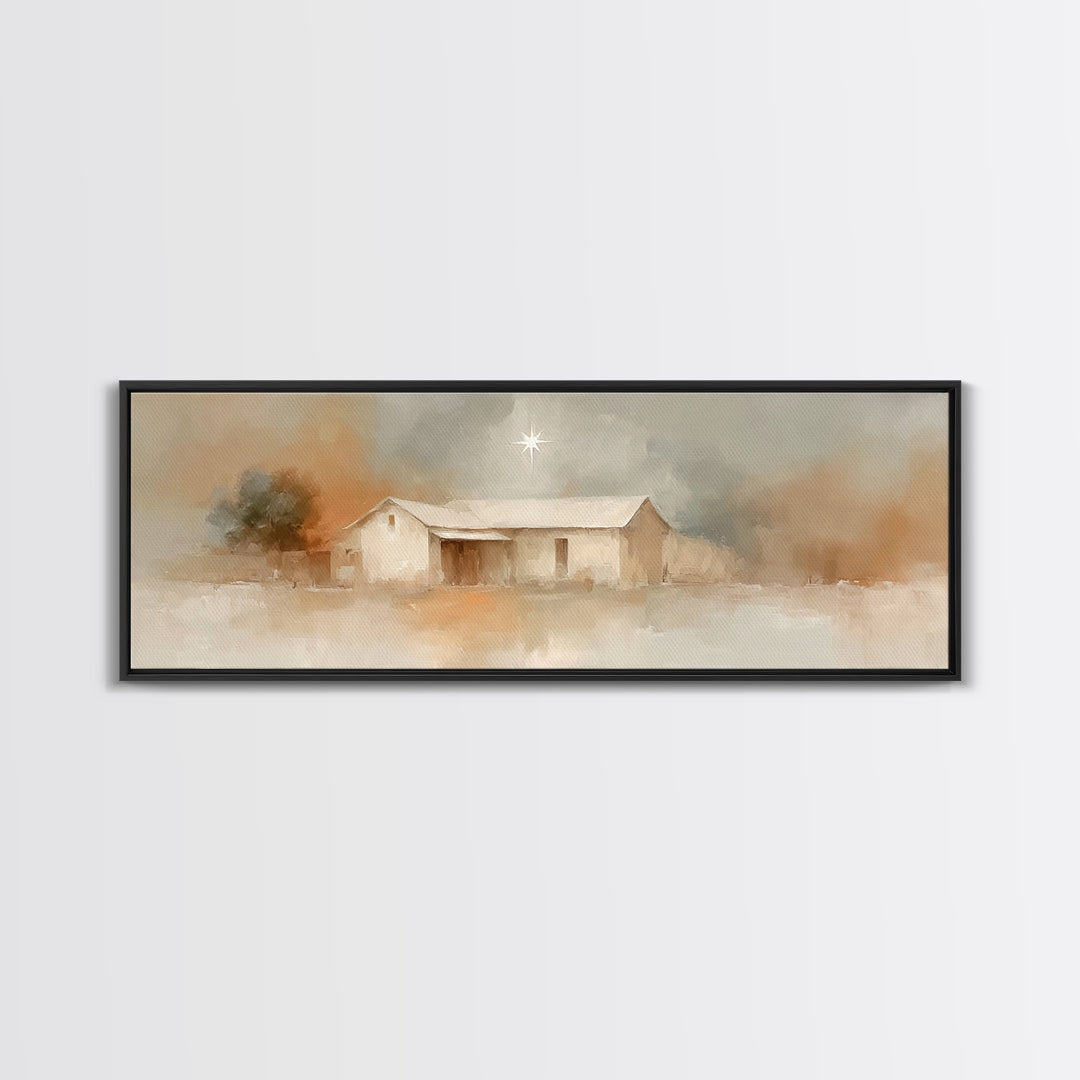 Holy Night Path, Framed Canvas Print, Christian Wall Art, Panoramic Painting, Christian Art Canvas, Christmas Art, Jesus Painting