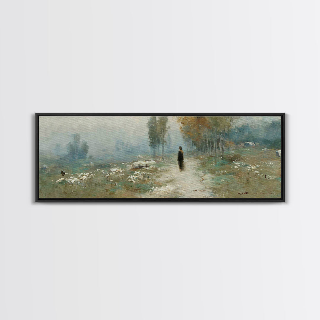 Misty Valley Walk, Framed Canvas Print, Christian Art Canvas, Panoramic Wall Art, Christian Art, Jesus Painting, Christmas Art